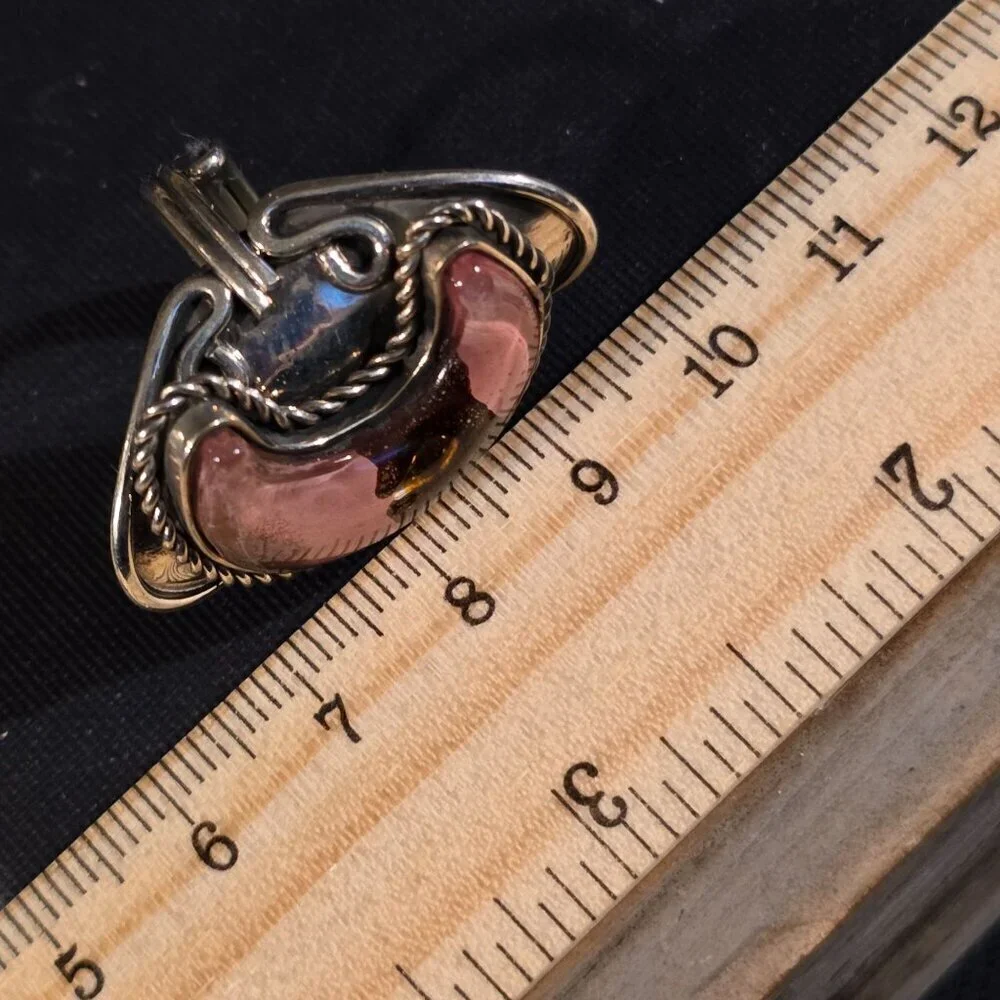 Peruvian Fused Art Glass Purplish Pink Silver Crescent Moon OOAK Artisan Ring